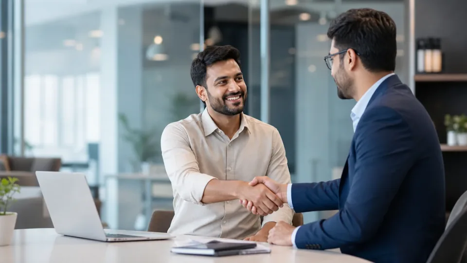 A LoanBazzaar team member shaking hands with a loan partner