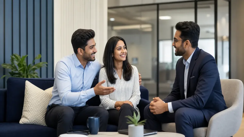 A LoanBazzaar loan advisor smiling with a couple as they talk through their loan